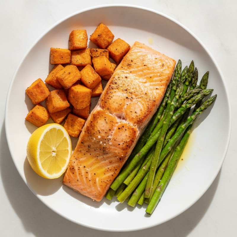 Seared Salmon with Roasted Sweet Potato and Asparagus