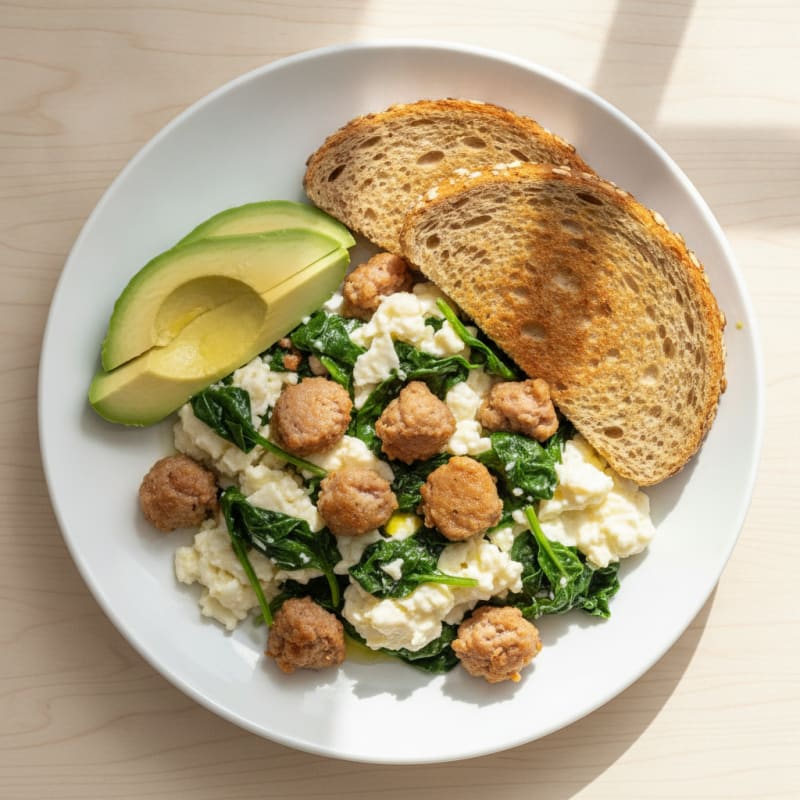 Scrambled Egg Whites with Turkey Sausage and Sautéed Spinach