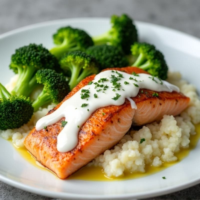 Seared Salmon with Steamed Broccoli and Cauliflower Mash