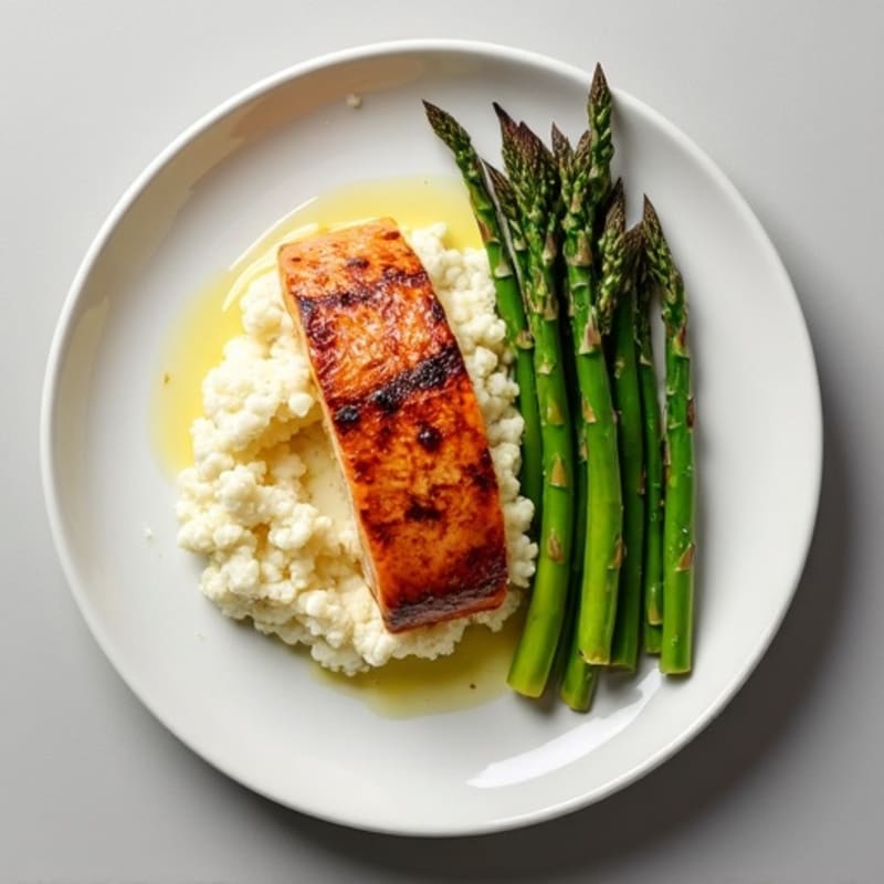 Seared Salmon with Roasted Asparagus and Cauliflower Mash