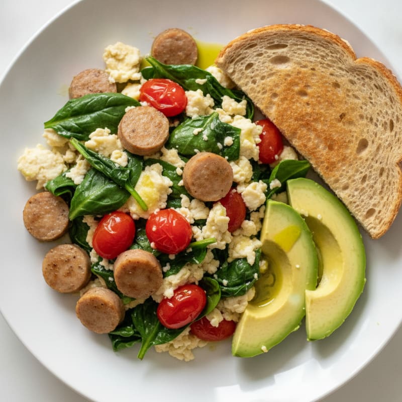 Egg White and Turkey Sausage Scramble with Spinach and Tomatoes