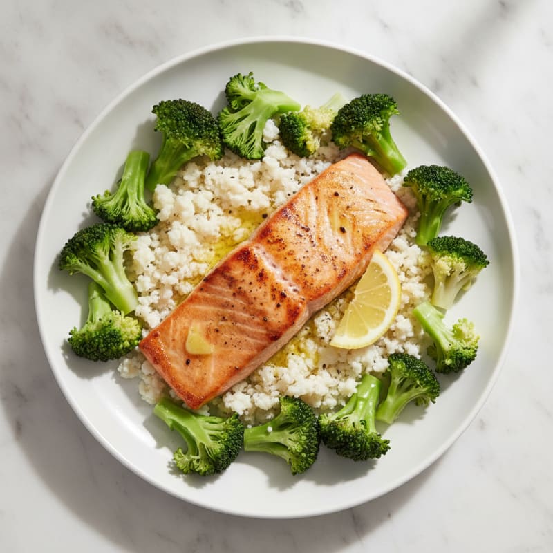 Seared Salmon with Steamed Broccoli and Cauliflower Rice
