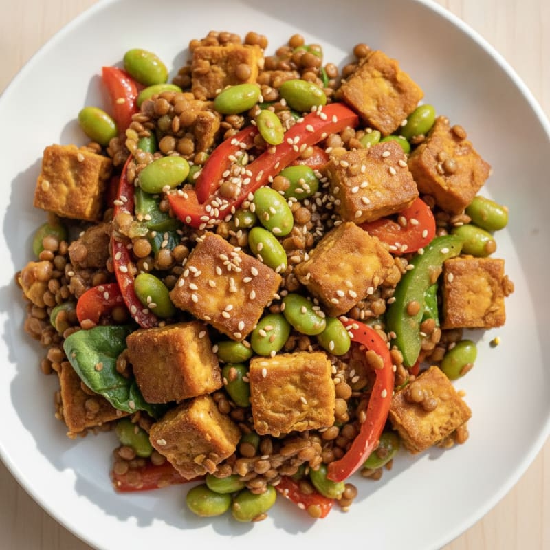 Lentil and Tempeh Stir Fry with Edamame and Bell Peppers