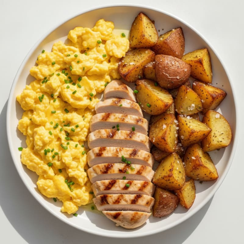 Scrambled Eggs with Grilled Chicken and Roasted Potatoes