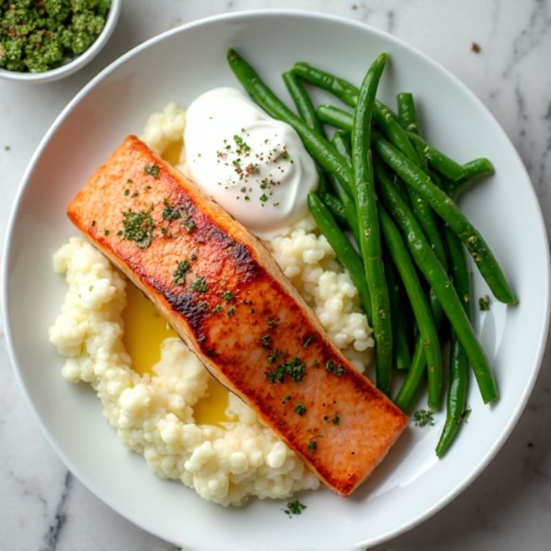 Seared Salmon Fillet with Steamed Green Beans and Garlic Cauliflower Mash