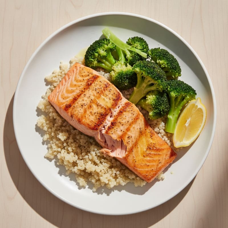 Seared Salmon Filet with Steamed Broccoli and Quinoa