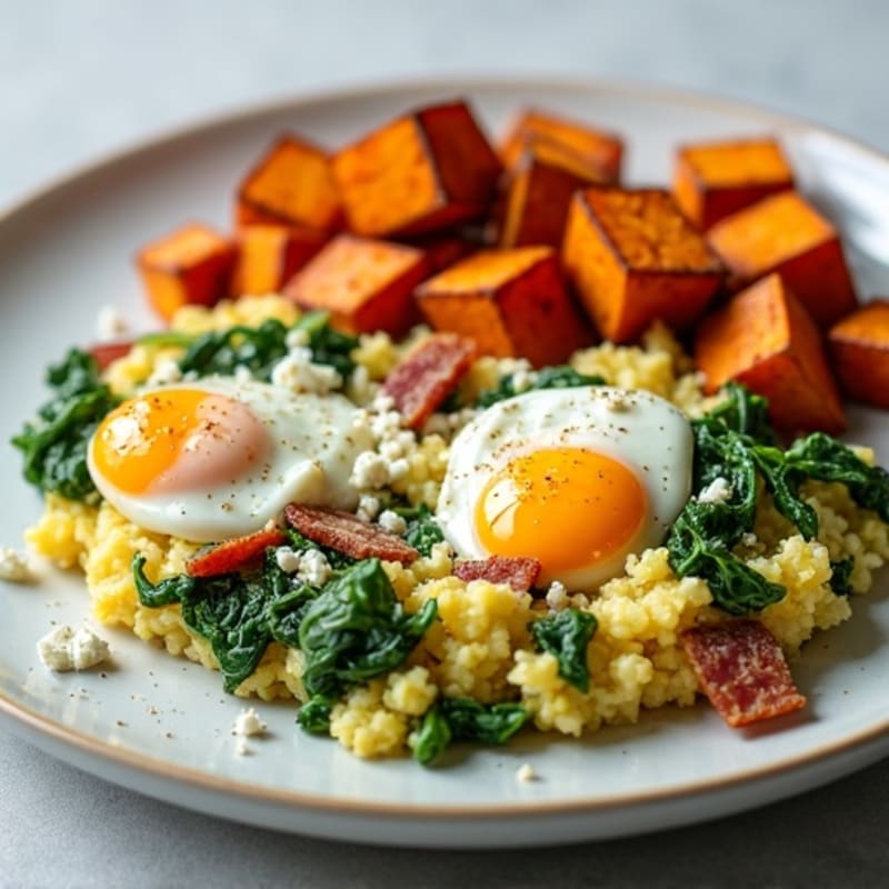 Spinach and Feta Egg Scramble with Roasted Sweet Potatoes