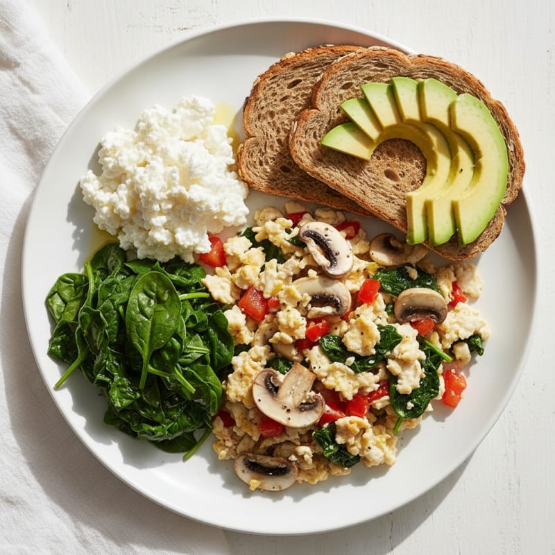Egg White Vegetable Scramble with Cottage Cheese and Sautéed Spinach