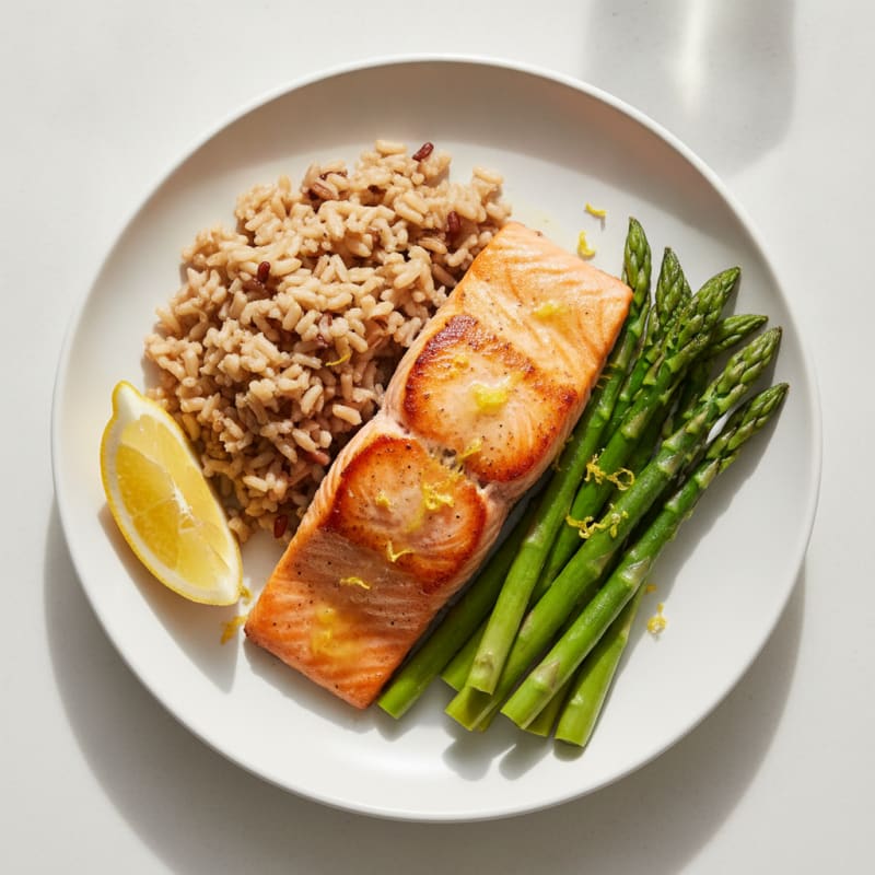 Seared Salmon with Steamed Asparagus and Brown Rice