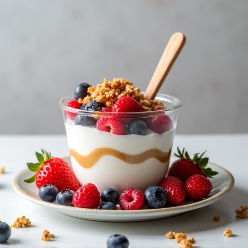 High-Protein Greek Yogurt Parfait with Mixed Berries and Almond Butter Swirl