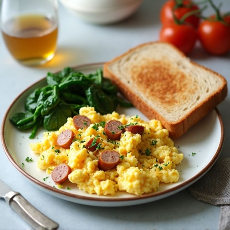 Egg White Scramble with Turkey Sausage and Sautéed Spinach