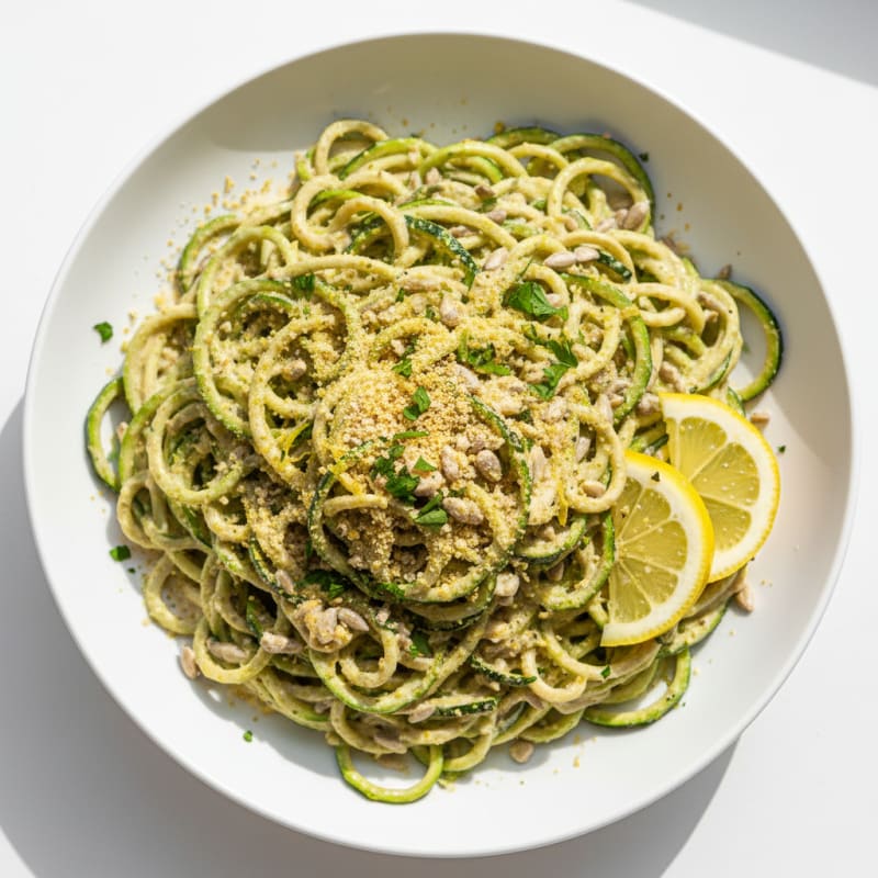 Silky Raw Vegan Zucchini Noodle Bowl with Sunflower Seed Alfredo