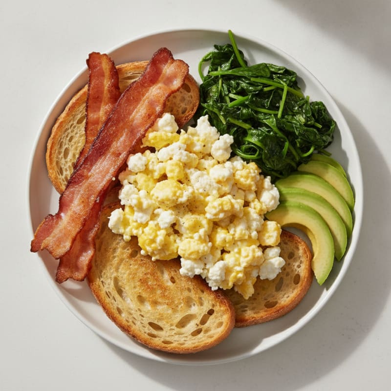 Cottage Cheese and Egg Scramble with Sautéed Spinach and Turkey Bacon