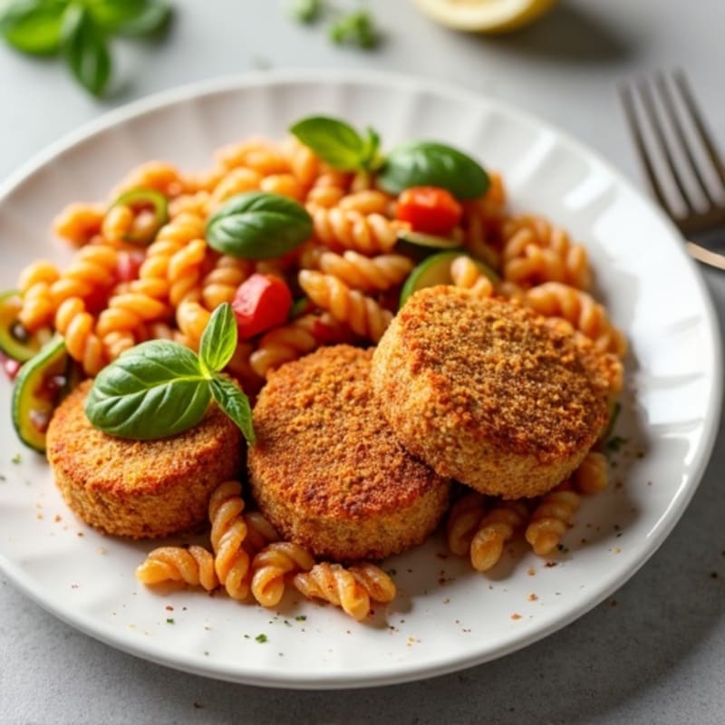 Crispy Baked Chicken Bites with Rich Tomato Zucchini Pasta