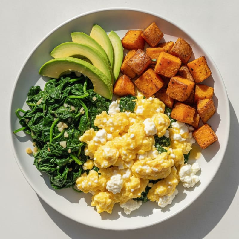 Cottage Cheese Scramble with Sautéed Spinach and Roasted Sweet Potatoes