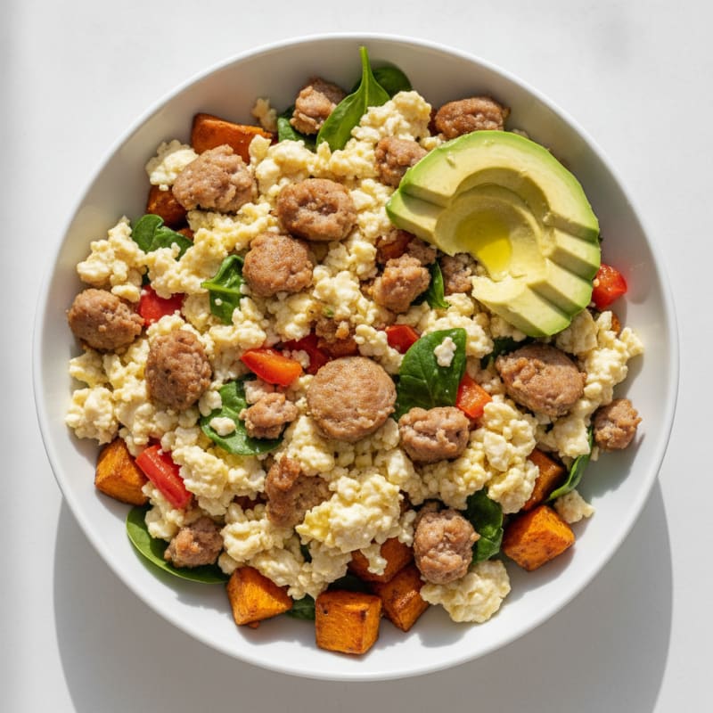 Scrambled Egg White and Turkey Sausage Bowl with Roasted Sweet Potatoes