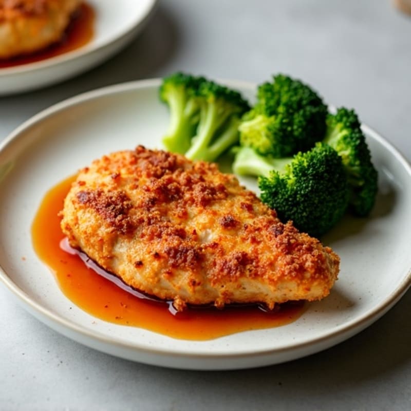 Crispy Baked Chicken with Sweet and Spicy Glaze and Fresh Broccoli