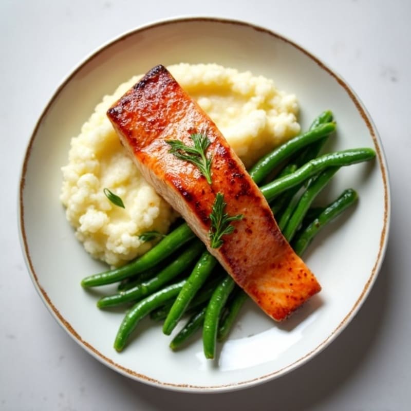 Seared Salmon with Steamed Green Beans and Cauliflower Mash