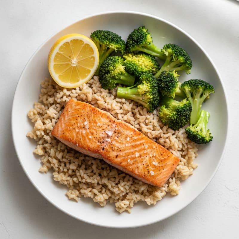 Seared Salmon with Steamed Broccoli and Brown Rice