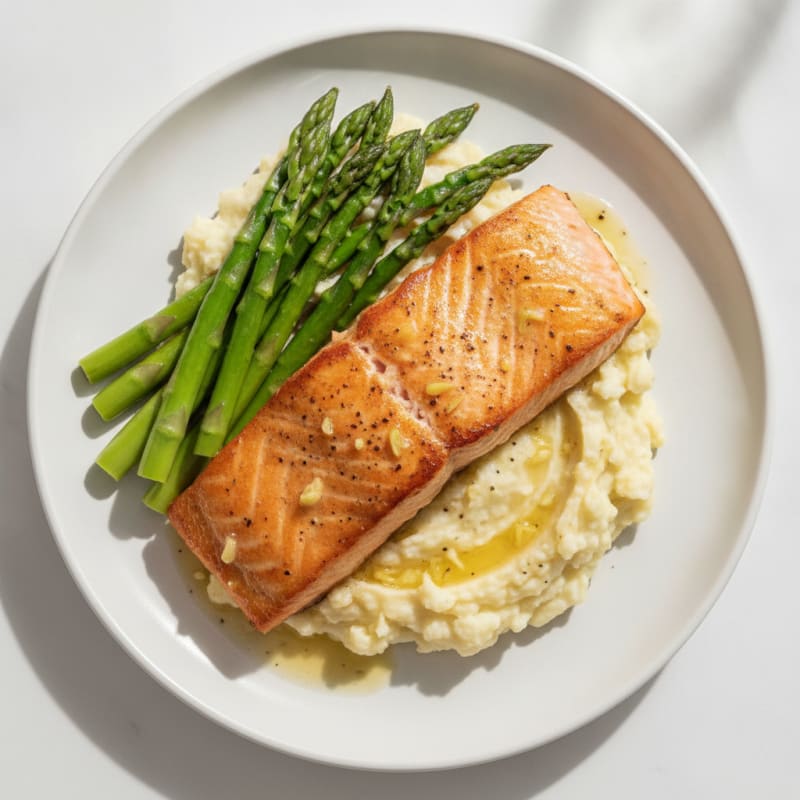 Seared Salmon with Steamed Asparagus and Garlic Mashed Cauliflower