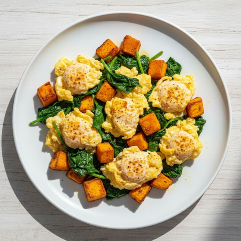 Scrambled Eggs with Roasted Sweet Potato and Sautéed Spinach