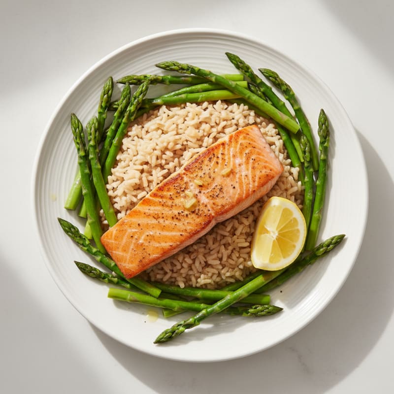 Seared Salmon Fillet with Steamed Asparagus and Brown Rice