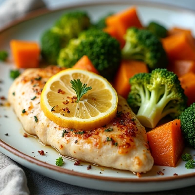 Sheet Pan Lemon-Garlic Chicken with Roasted Broccoli and Sweet Potatoes