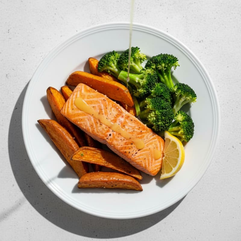 Seared Salmon with Roasted Sweet Potato and Steamed Broccoli