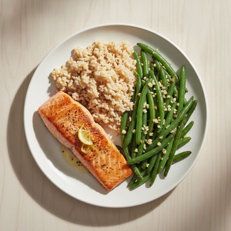 Seared Salmon with Garlic Green Beans and Brown Rice