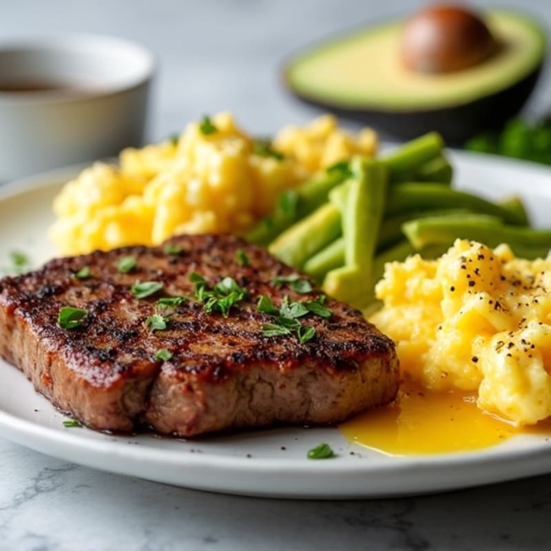 Pan-Seared Steak and Scrambled Eggs with Fresh Avocado