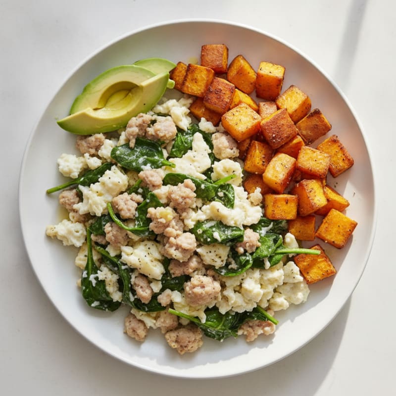 Egg White and Turkey Sausage Scramble with Spinach and Roasted Sweet Potato