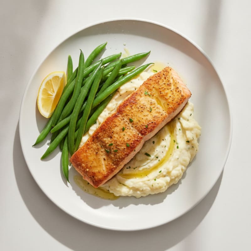 Seared Salmon with Steamed Green Beans and Garlic Mashed Cauliflower
