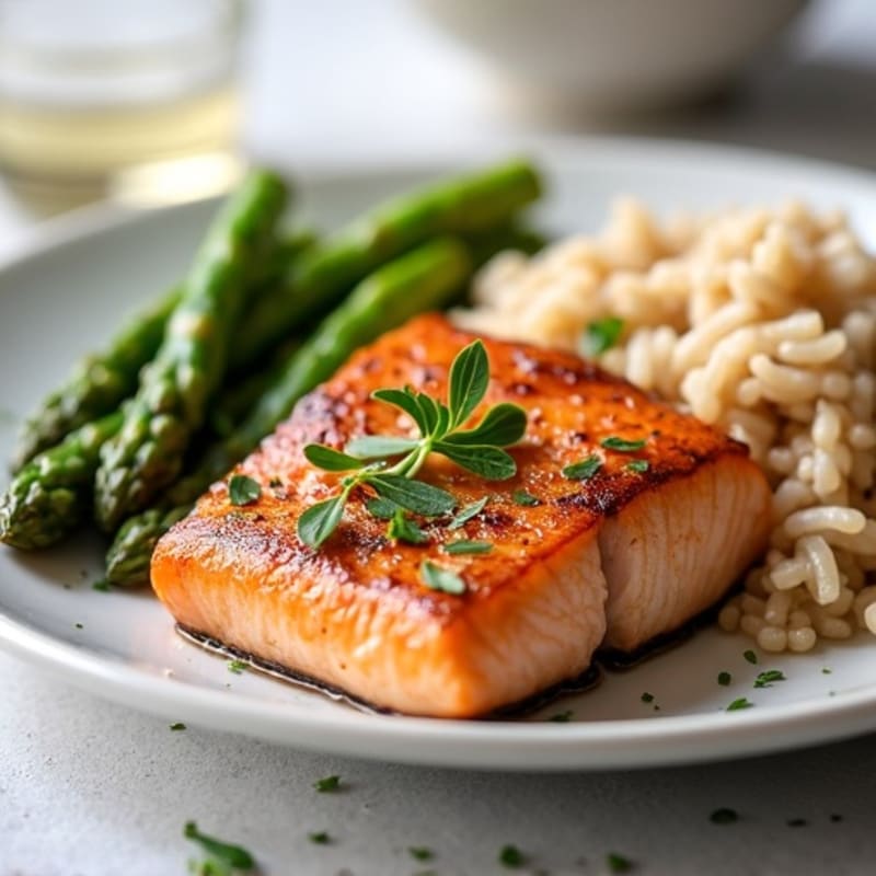 Seared Salmon with Steamed Asparagus and Brown Rice