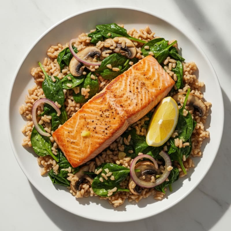 Pan-Seared Salmon with Garlic Spinach and Brown Rice