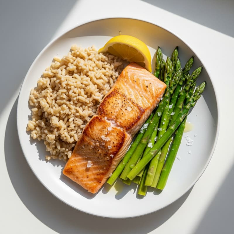 Seared Salmon with Steamed Asparagus and Brown Rice