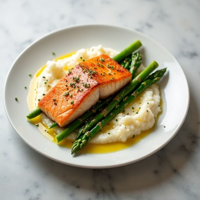 Seared Salmon with Steamed Asparagus and Cauliflower Mash