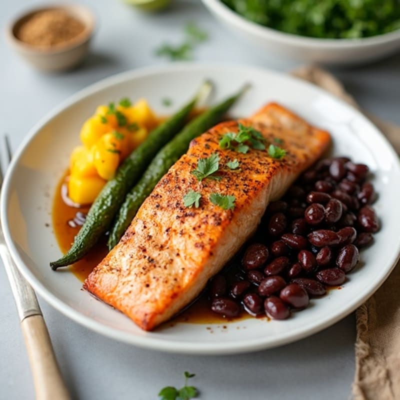 Seared Salmon with Spiced Black Beans and Roasted Okra