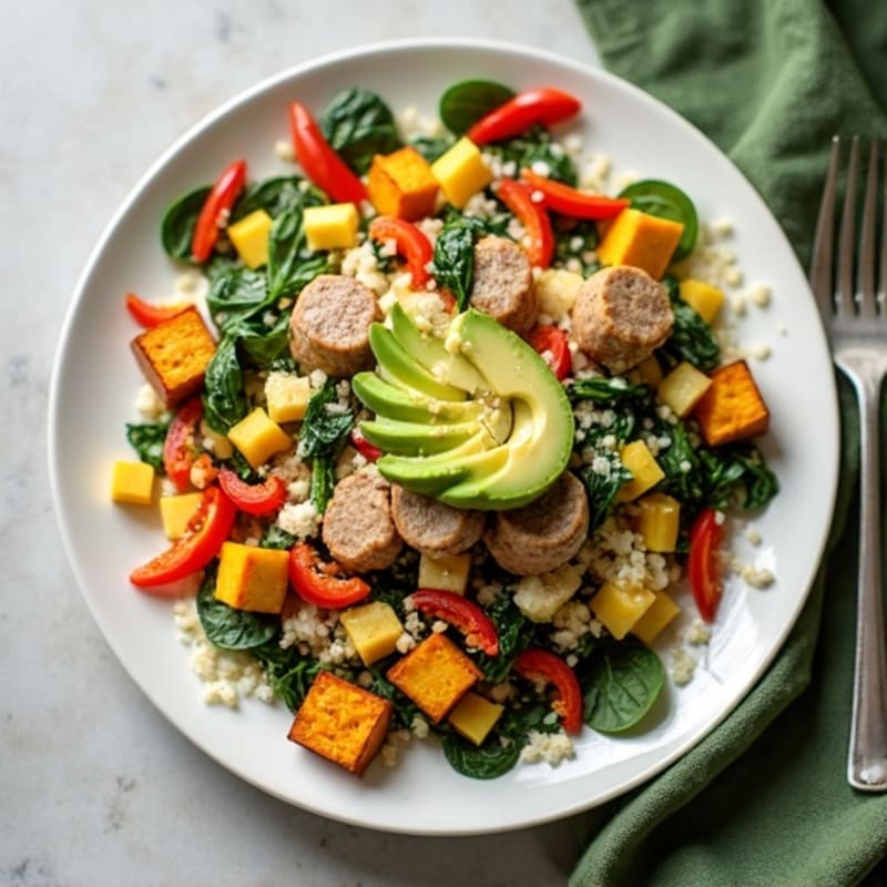 Egg White and Turkey Sausage Scramble with Spinach and Bell Peppers