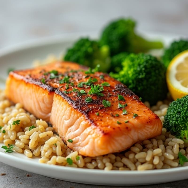 Seared Salmon Fillet with Steamed Broccoli and Lemon Herb Rice
