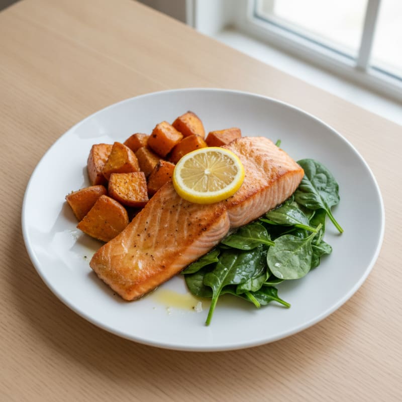Seared Salmon Fillet with Roasted Sweet Potatoes and Sautéed Spinach