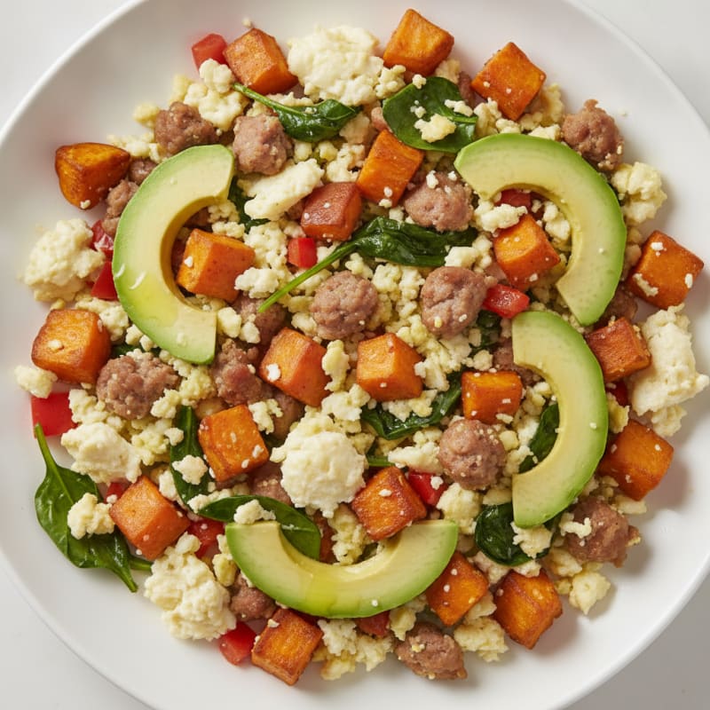 Egg White and Turkey Sausage Scramble with Roasted Sweet Potatoes