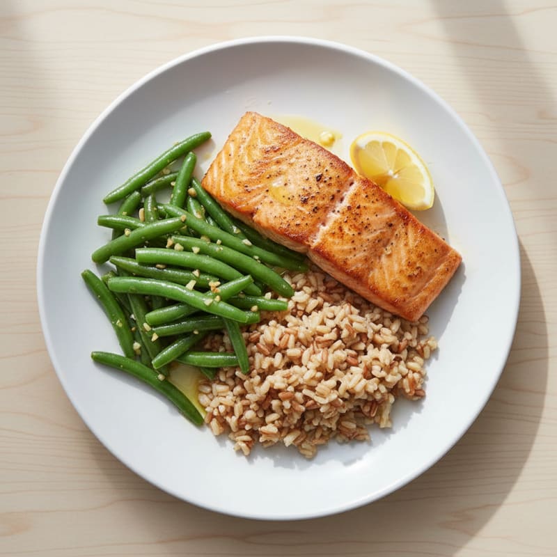 Seared Salmon with Garlic Green Beans and Brown Rice