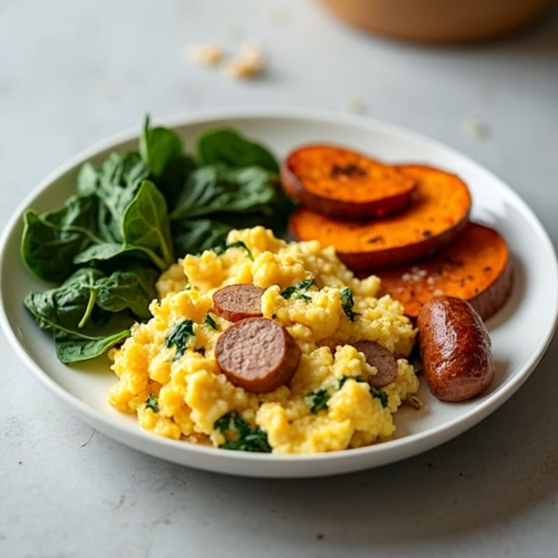 Egg White and Turkey Sausage Scramble with Spinach and Roasted Sweet Potatoes