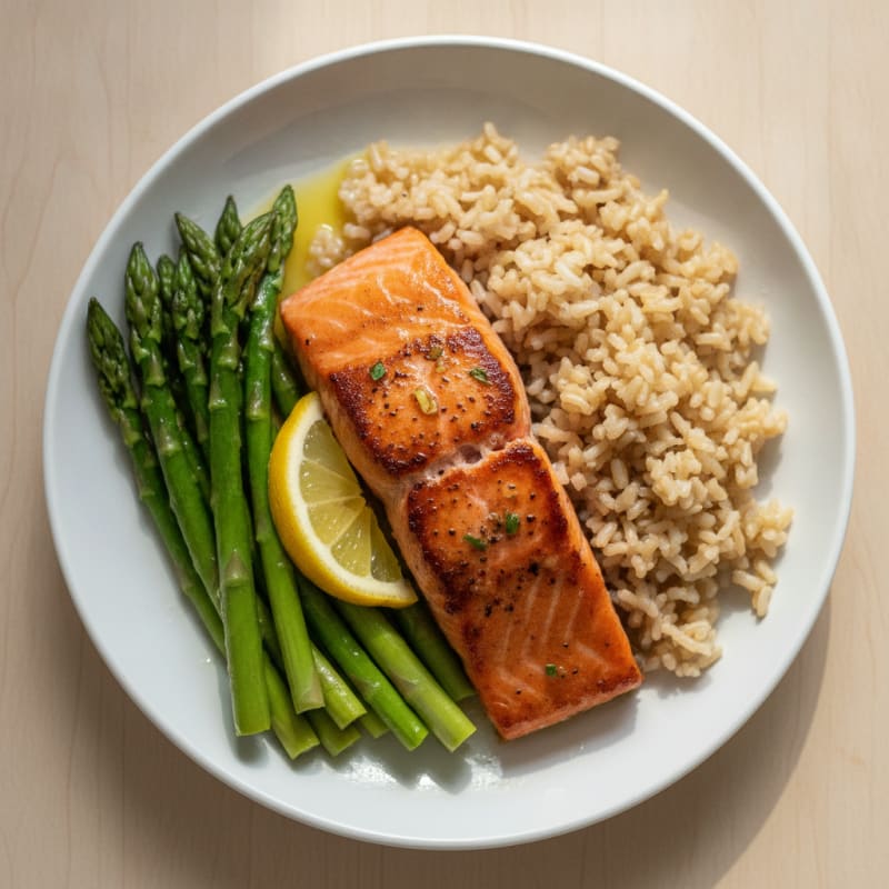 Seared Salmon with Steamed Asparagus and Brown Rice