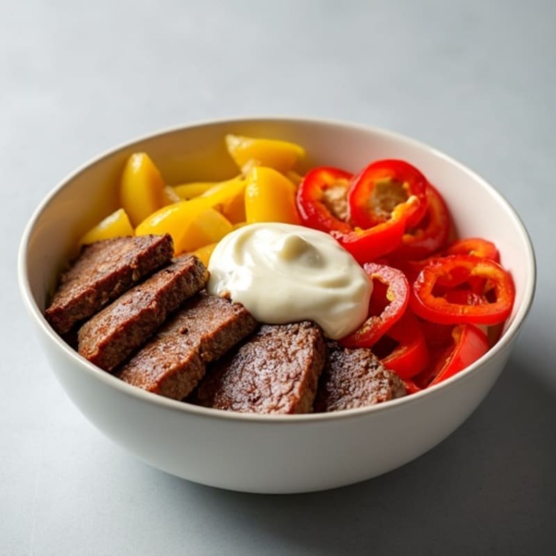 Lean Steak and Sautéed Pepper-Onion Bowl with Creamy Cheese Sauce