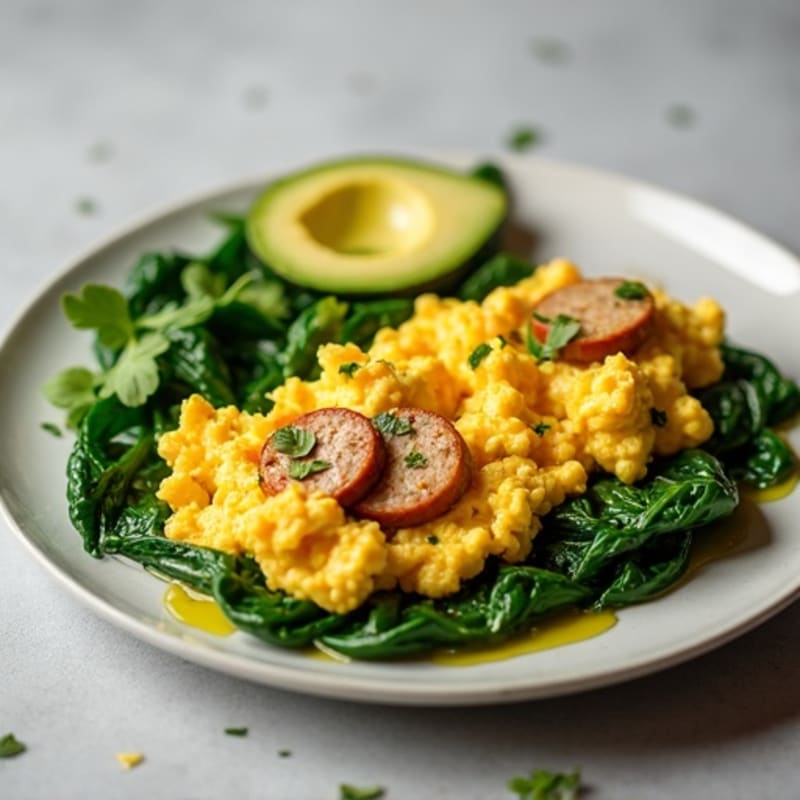 Egg White and Turkey Sausage Scramble with Sautéed Spinach
