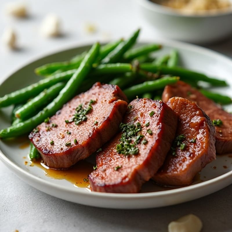 Tender Garlic Beef Strips with Roasted Green Beans