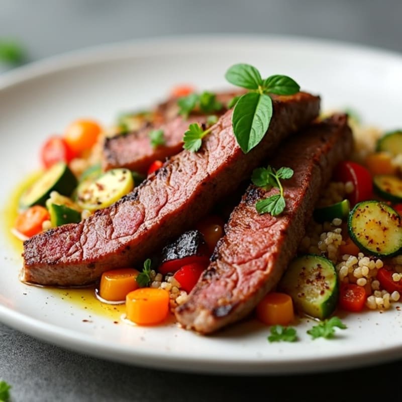 Seared Beef Strips with Roasted Vegetables and Quinoa