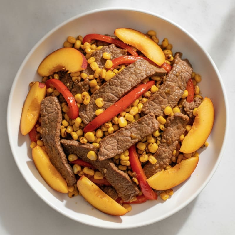 Lean Beef and Roasted Corn Stir-Fry with Sliced Peaches