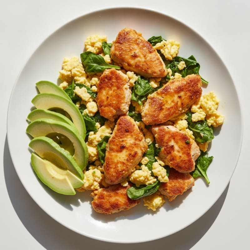 Crispy Chicken and Spinach Egg Scramble